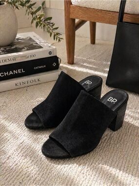 BP Black Suede Block Heel Mules – Minimalist Chic